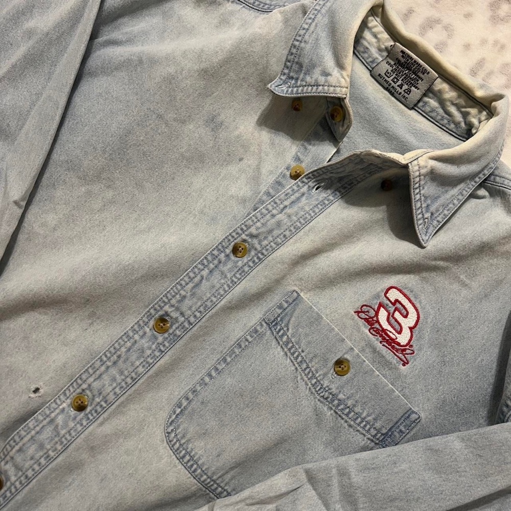 vintage embroidered dale earnheart denim button up shirt- size L